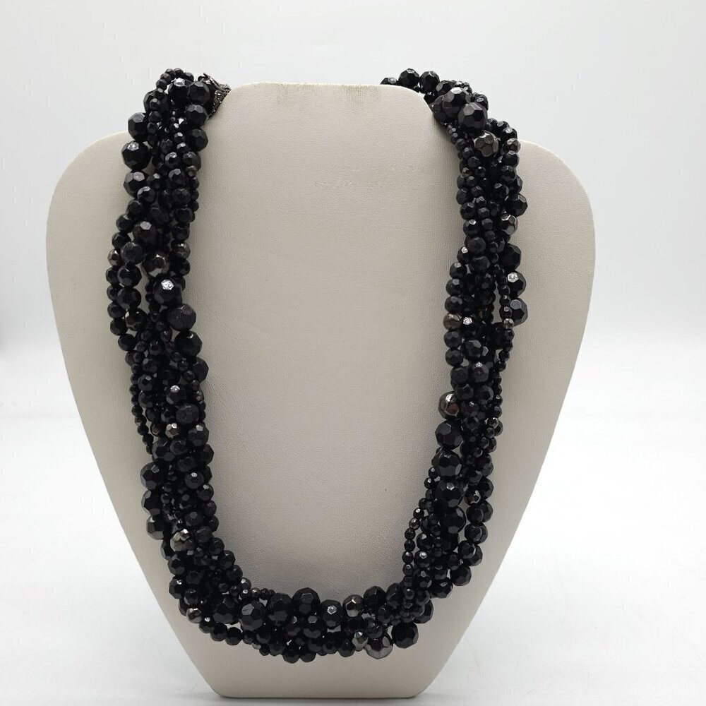 Black Acrylic Multi Strand Braided Beaded Necklace With Adjustable Clasp